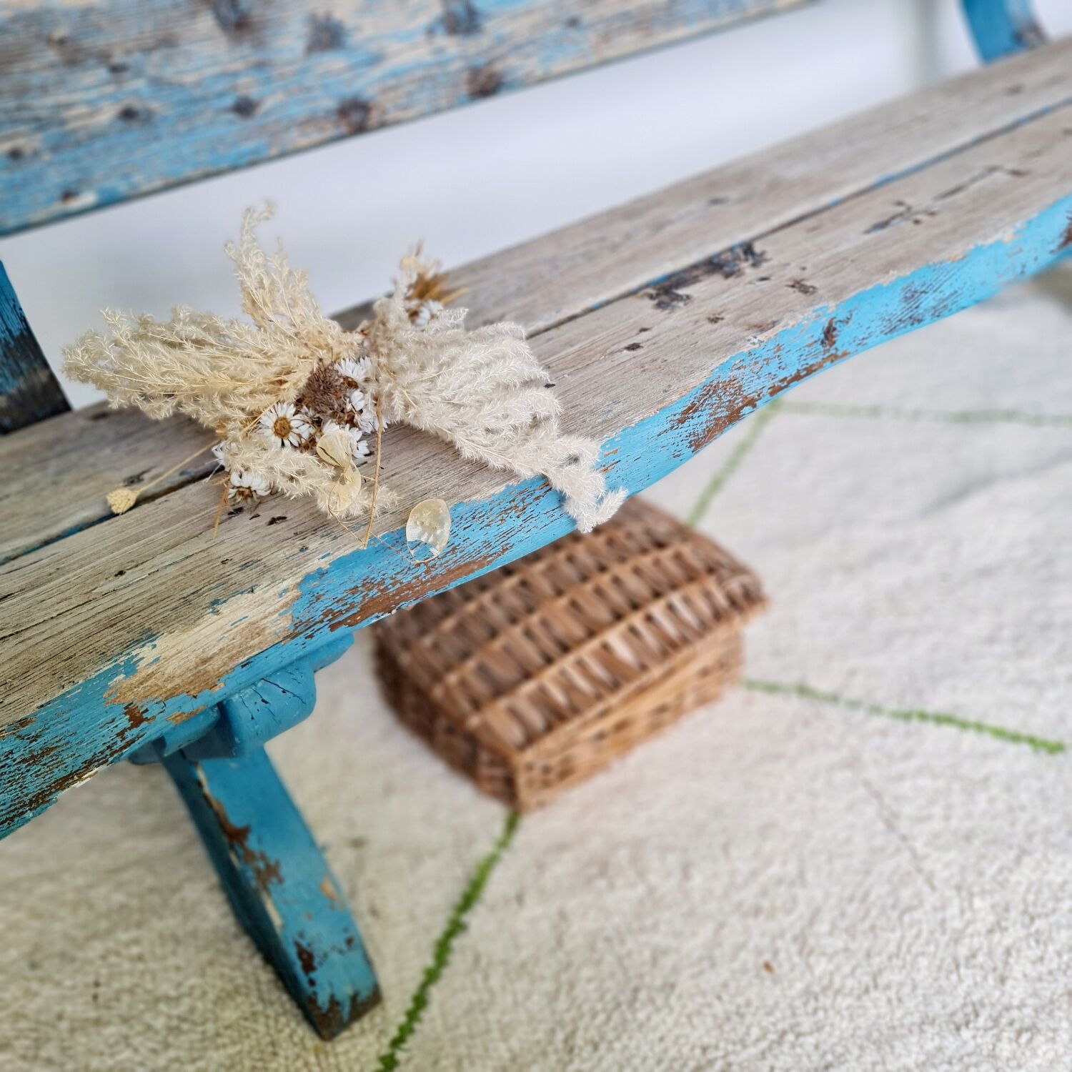 Outdoor bench in patinated blue solid wood