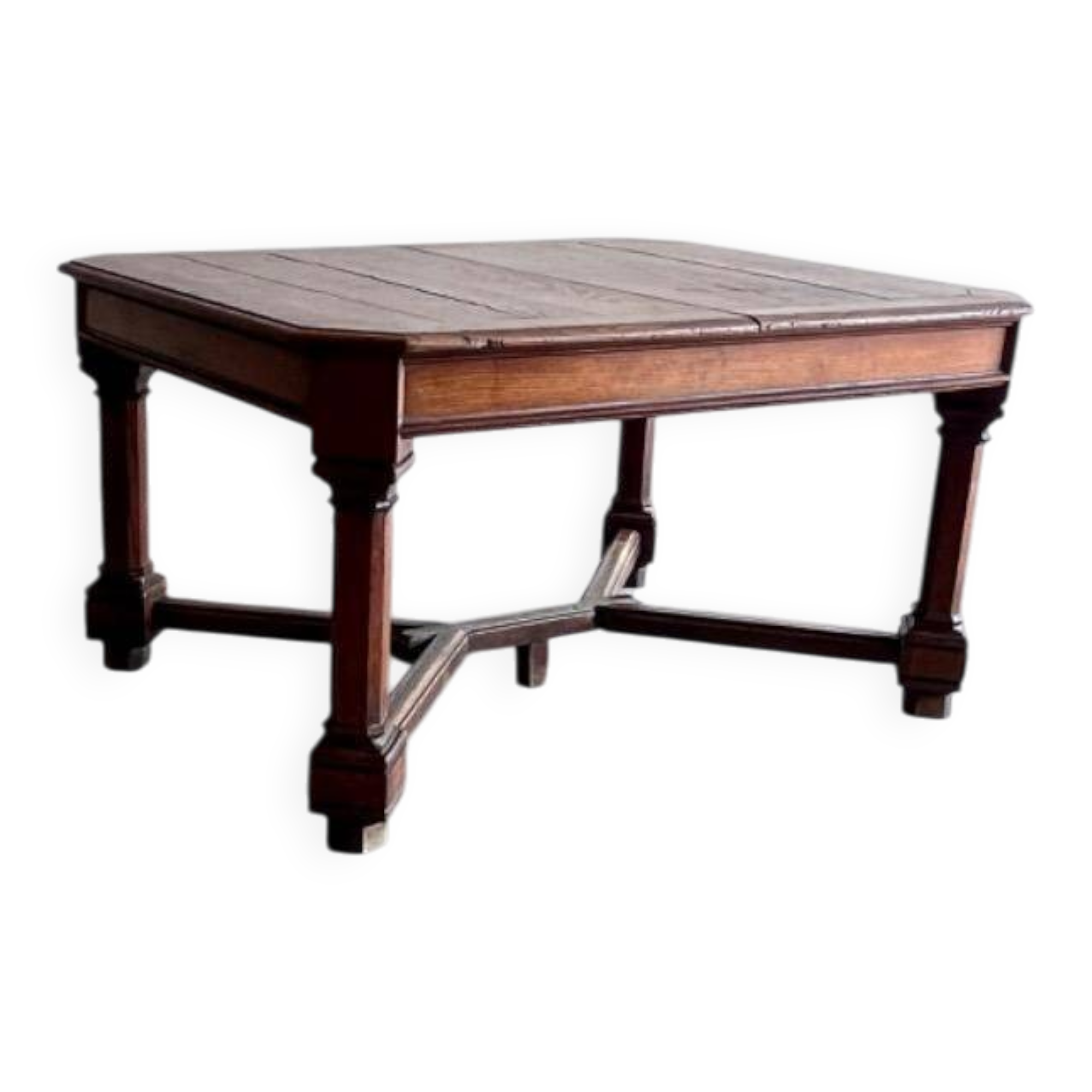 Dark brown solid wood French neo-renaissance square dining table with cross base