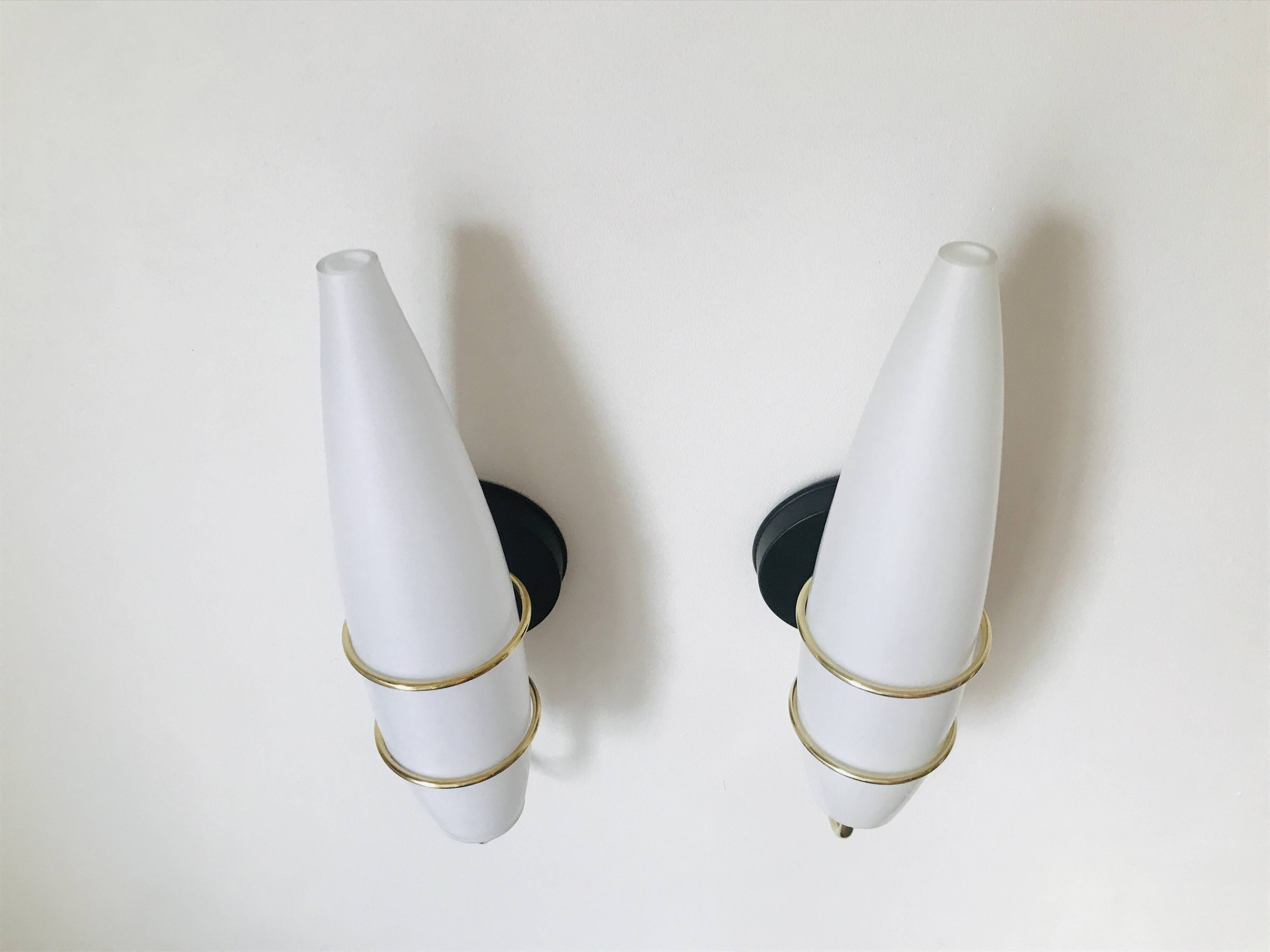 Pair of modernist wall lights in opaline brass white flame 1960 vintage minimalist