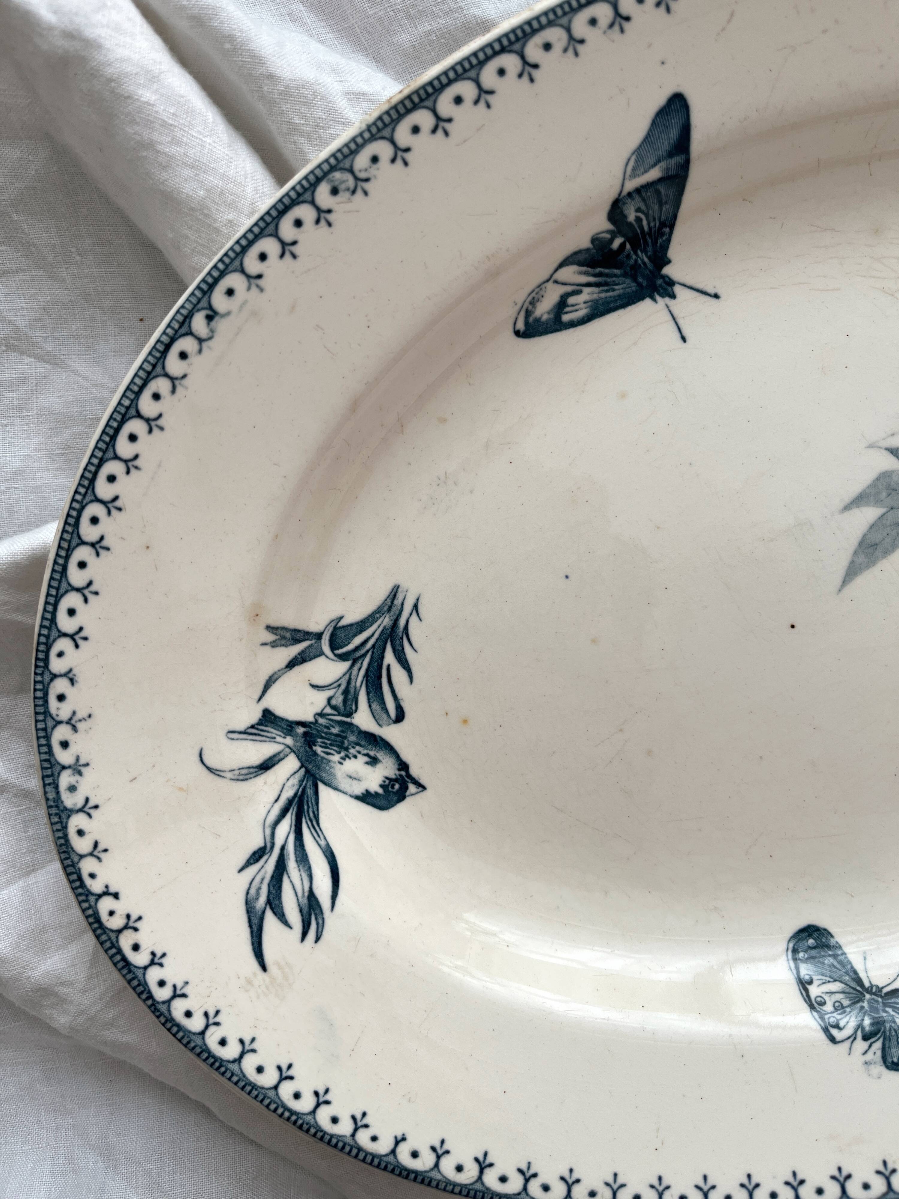 Oval ironstone dish flowers birds "Malaga" Petrus Regout