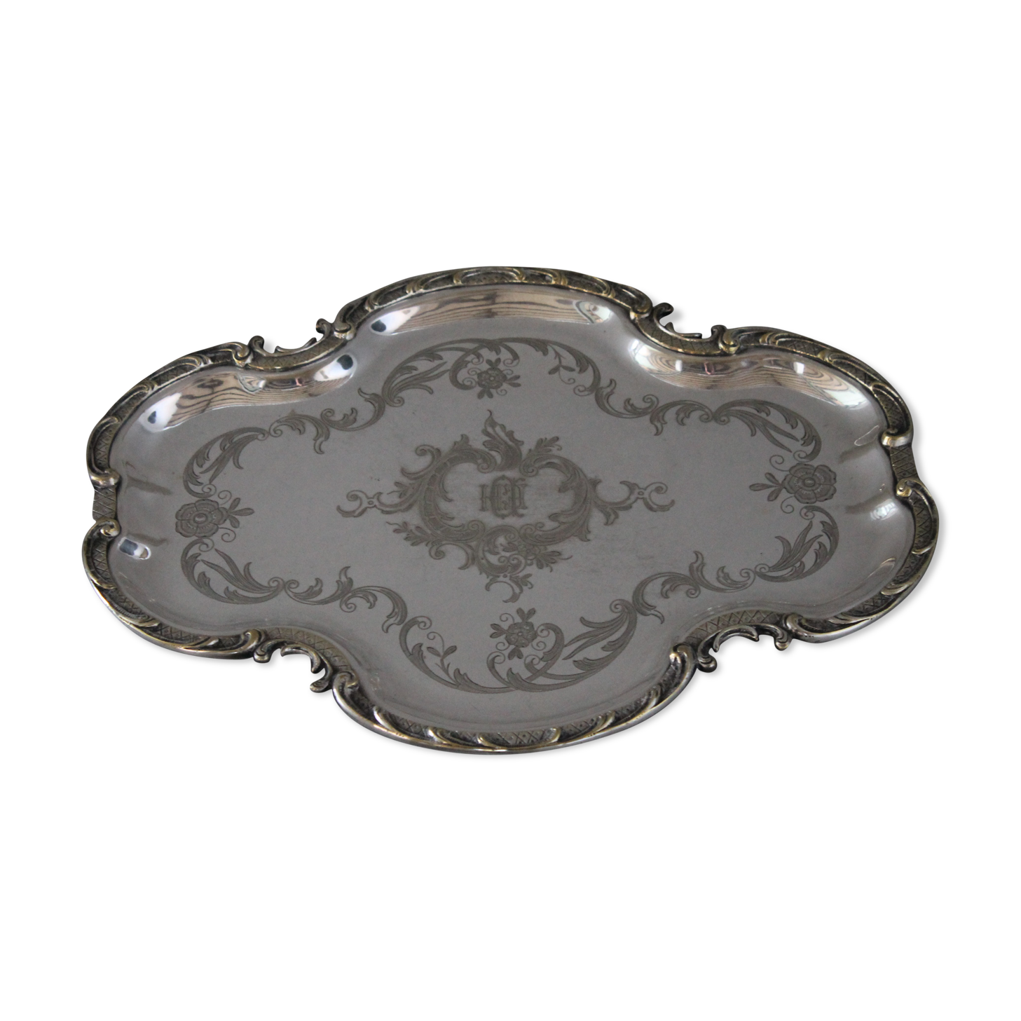 Rose-style silver metal tray - EH monogrammed
