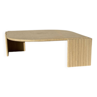 Large designer coffee table in travertine, eye shape, Roche Bobois edition from the 80s
