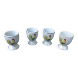set of 4 vintage rooster hen egg cups in white enameled porcelain