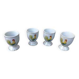 set of 4 vintage rooster hen egg cups in white enameled porcelain