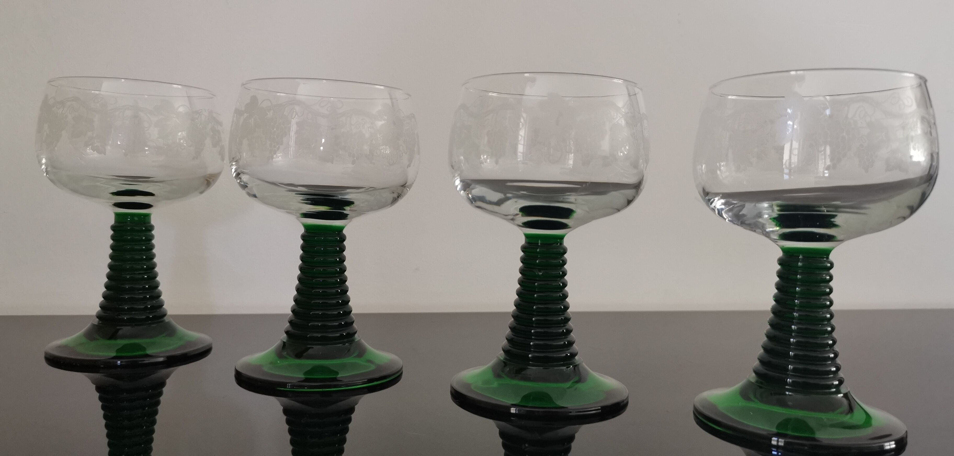 4 old Alsatian Roemer wine glasses decorated with vines