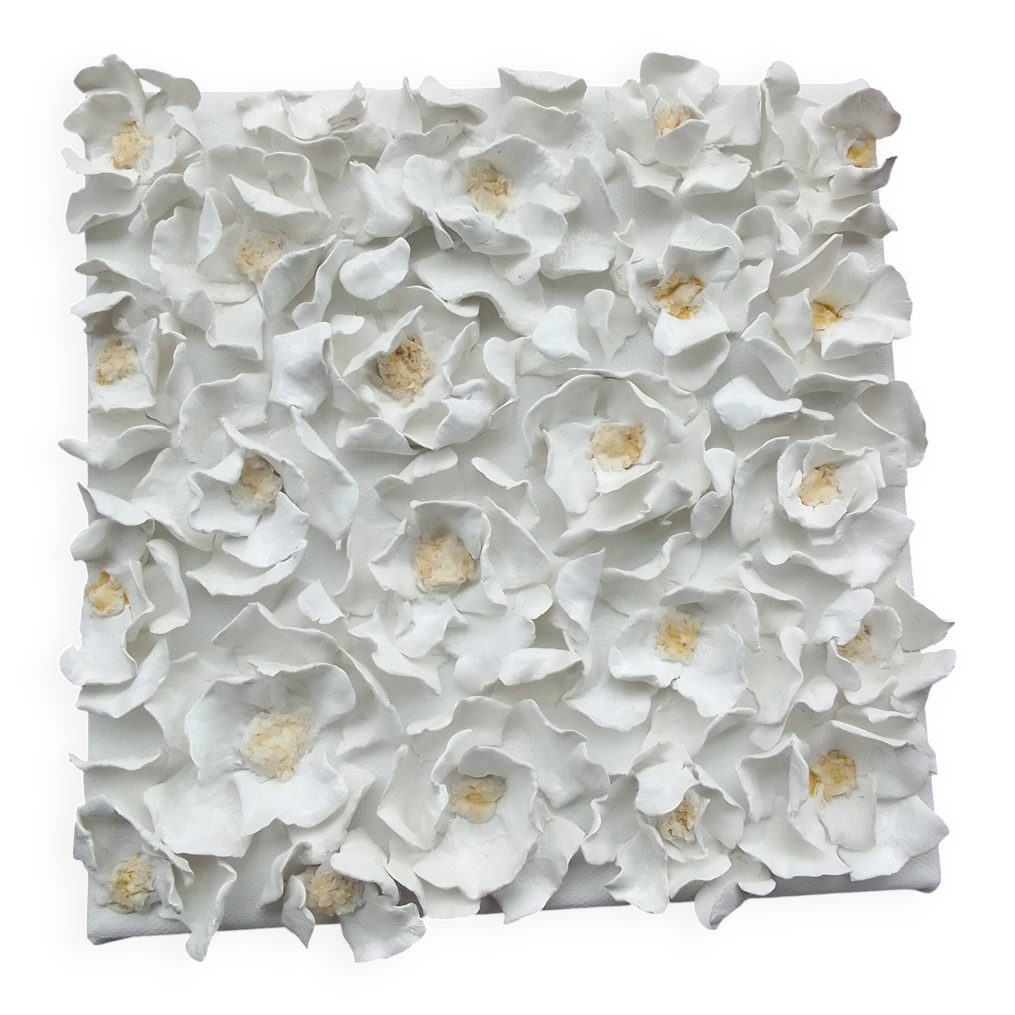 Art mural 3D flower sculpture in clay on handmade canvas.
