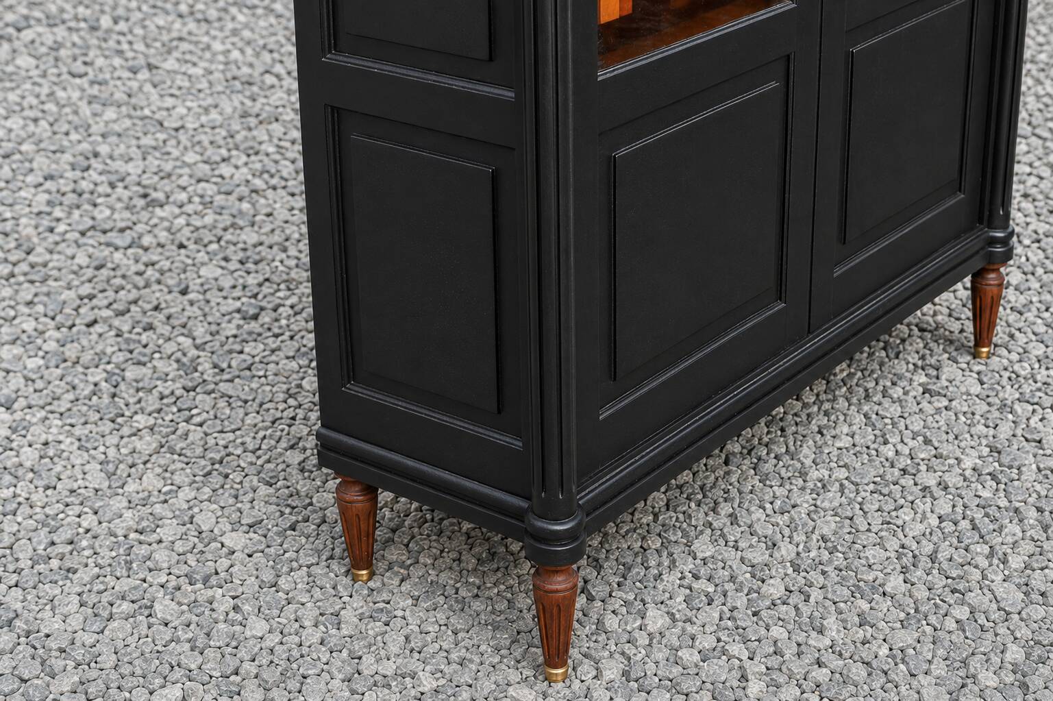 Renovated black antique Louis XVI style display cabinet, glass-fronted bookcase.