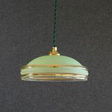 Suspension ancienne années 40 en verre granité vert avec filets dorés, douille et cable neufs