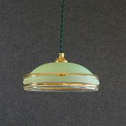 Suspension ancienne années 40 en verre granité vert avec filets dorés, douille et cable neufs