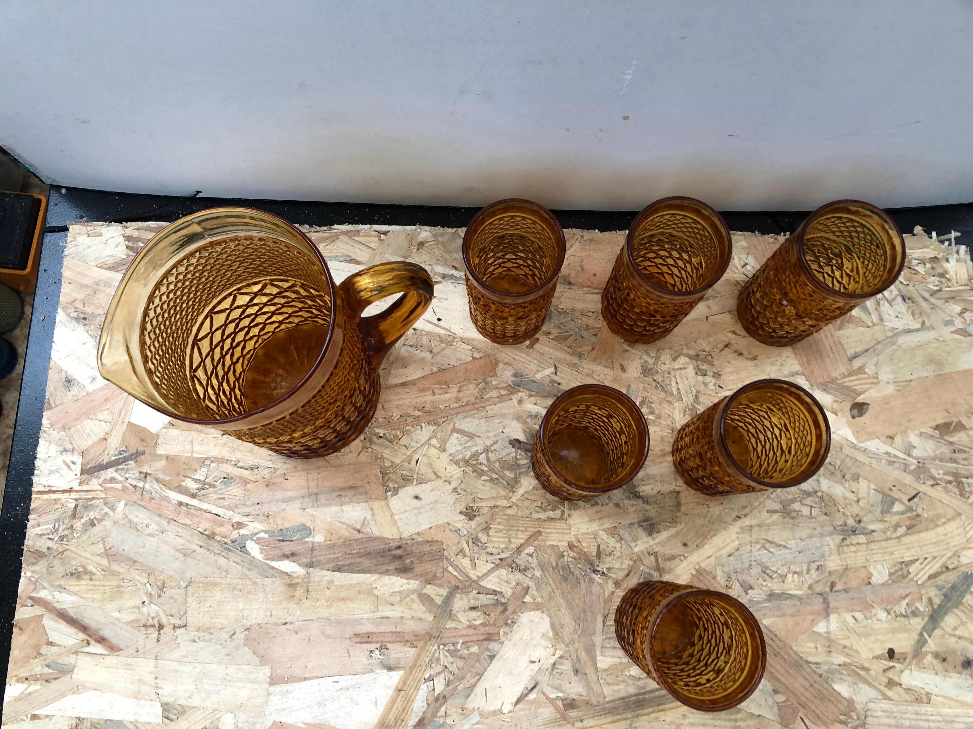 Old Juice Carafe Service + 6 Vintage Geometric Orange Molded Glass Glasses