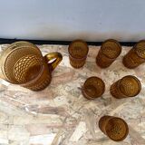 Service Ancien Jus Carafe + 6 Verres Verre Moulé Orange Géométrique Vintage