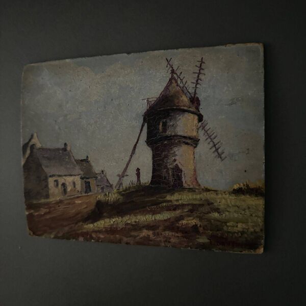 Huile sur carton représentant un moulin XXe par L. Ganthier
