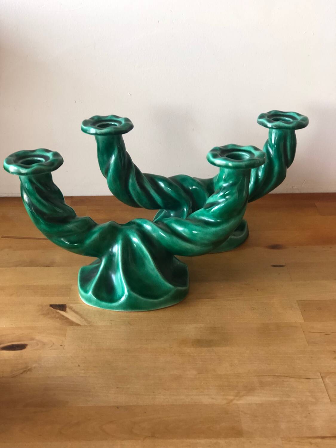 2 green ceramic candlesticks Vallauris