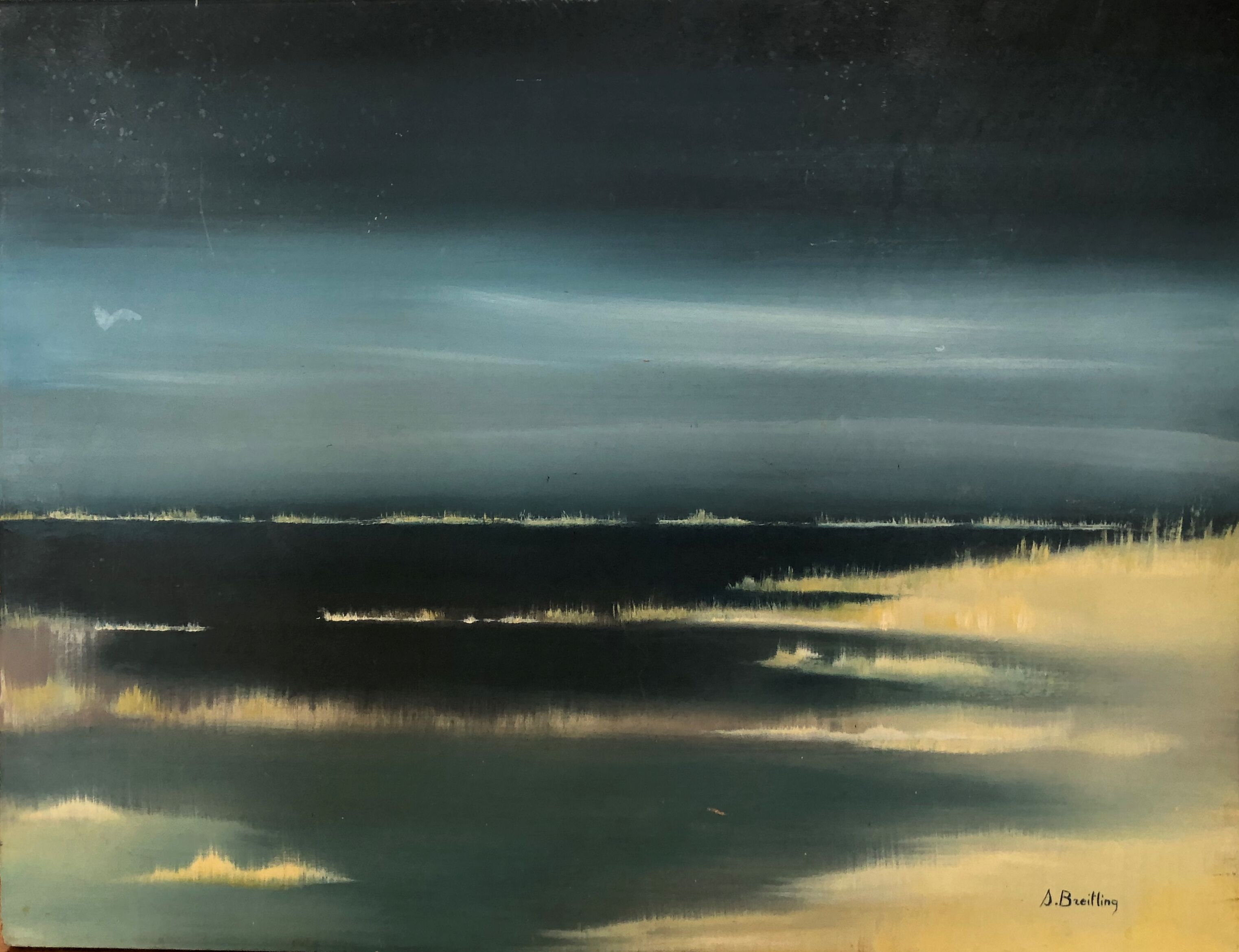Oil on panel: sunrise by the sea
