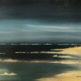 Oil on panel: sunrise by the sea