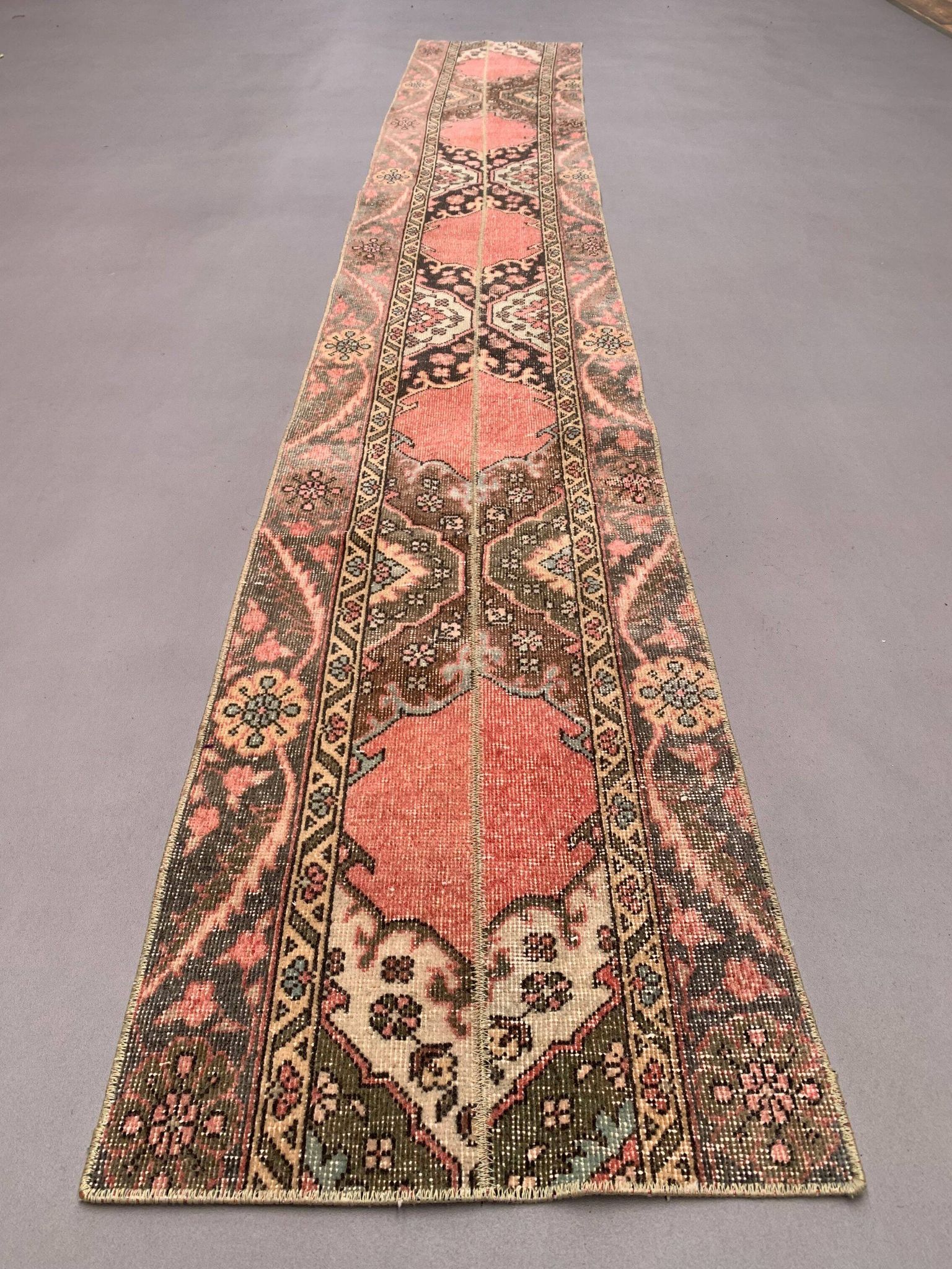 Distressed Turkish Narrow Runner 353x54 cm wool Vintage Tribal Rug