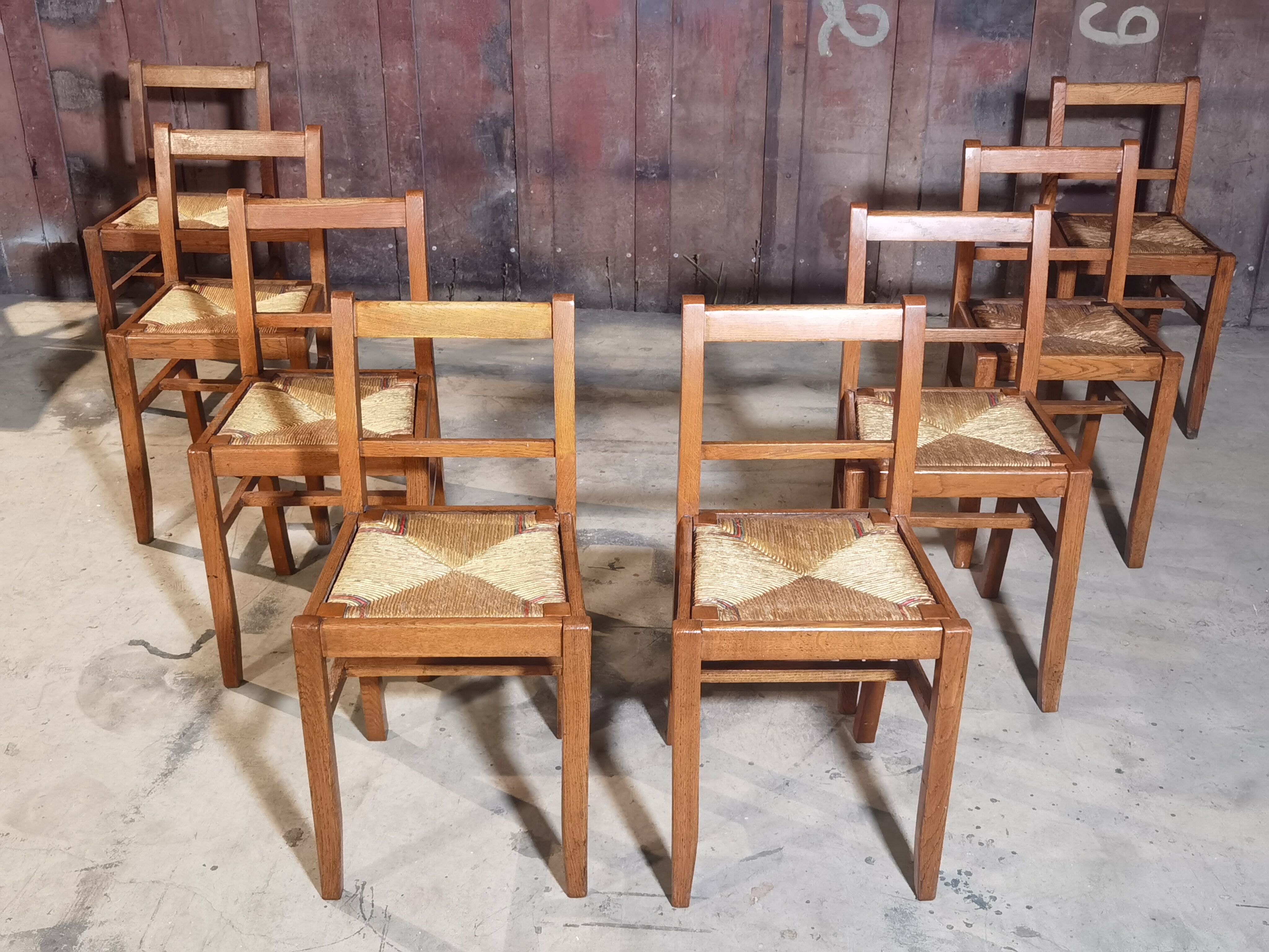 Lot de 8 chaises Reconstruction 1950 Chêne et paille