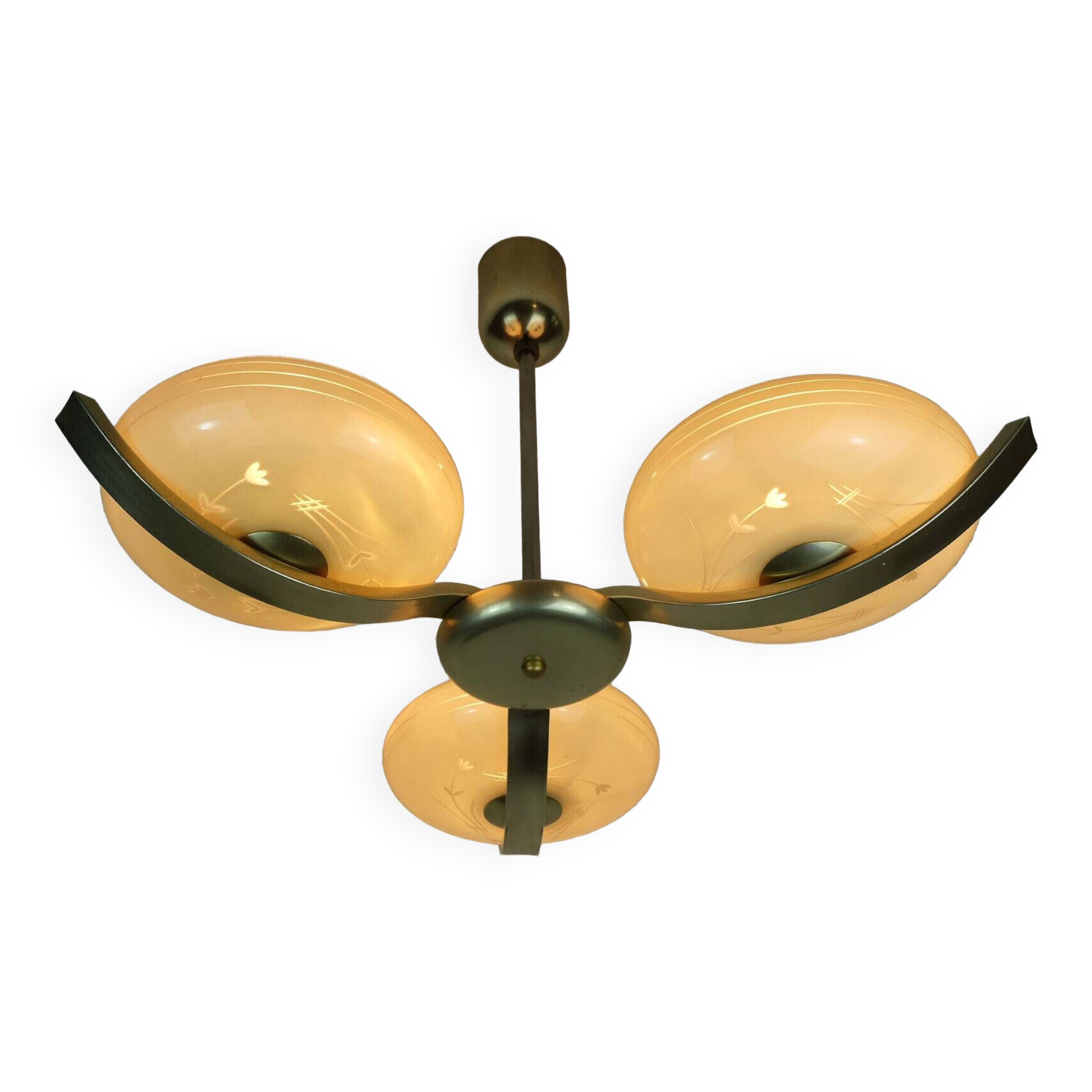 Art deco ceiling light with 3 glass shades 1930s 40s glass and metal 30s avantgarde design