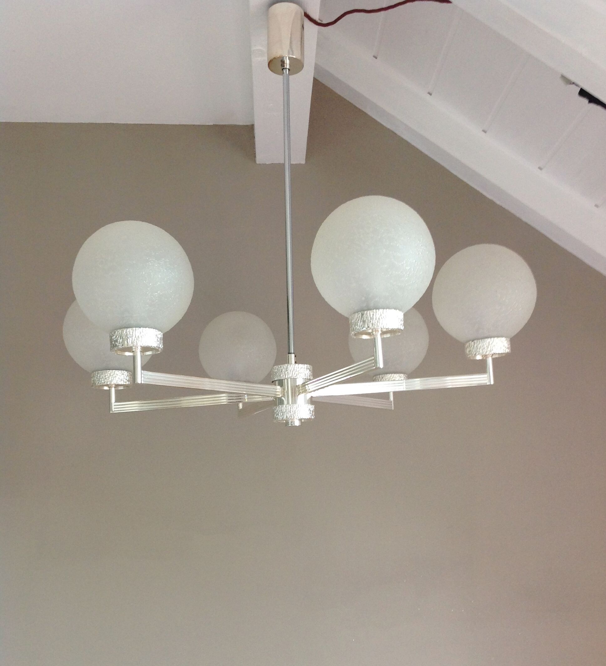 Six-light chrome metal chandelier and opaque glass globes / vintage 60s and 70s