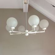 Six-light chrome metal chandelier and opaque glass globes / vintage 60s and 70s