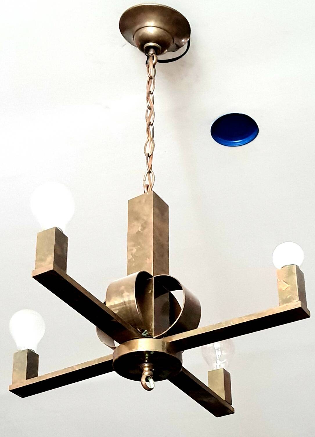 Art Deco period modernist four-light gilt brass pendant light circa 1930