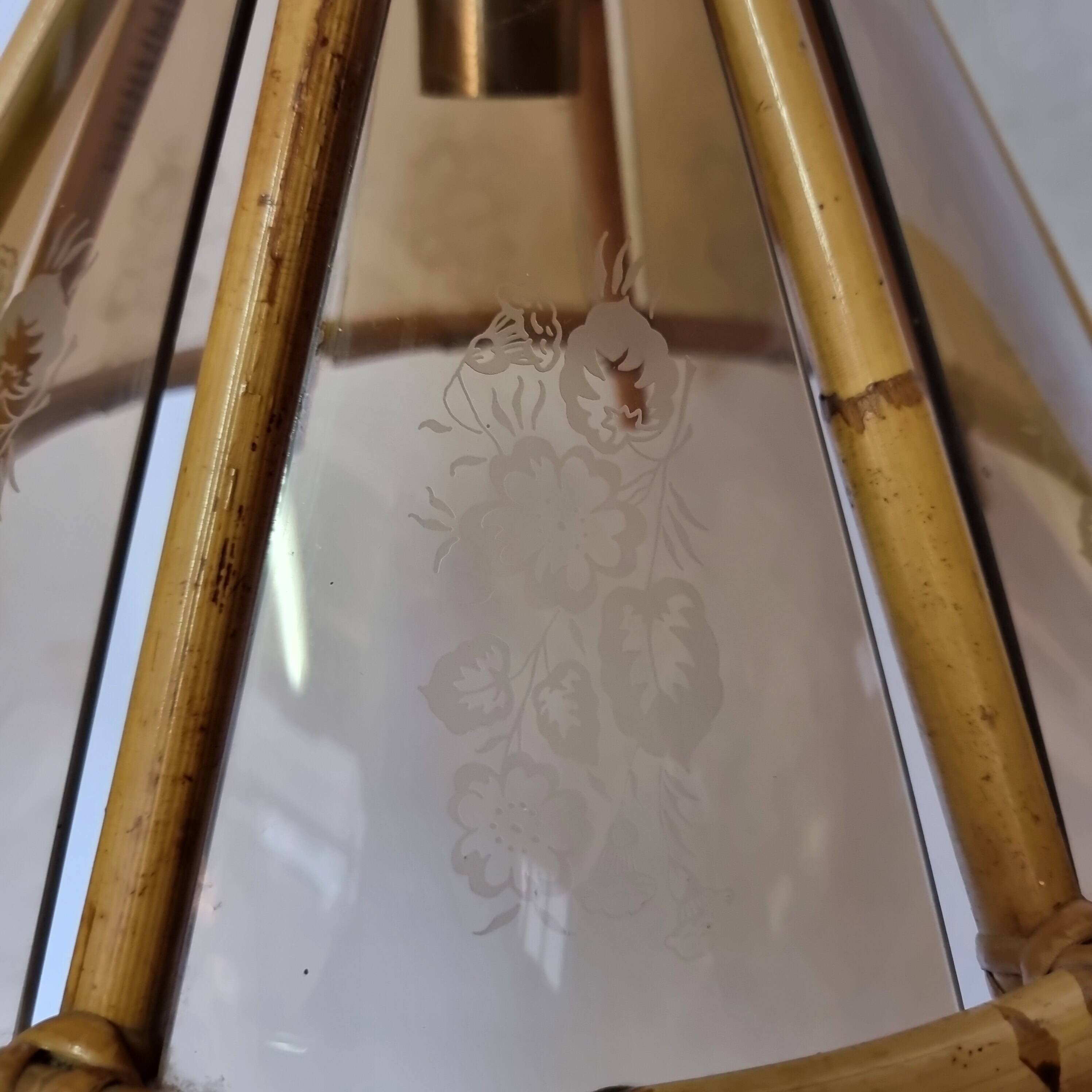 Vintage Bamboo Pendant Lamp With Decorative Glass From The 70s