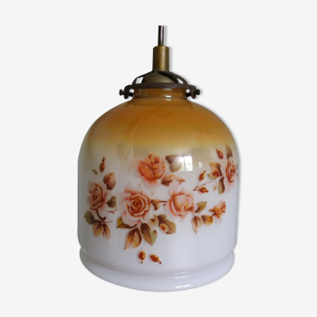 Suspension globe cloche opaline irisée décor fleurs, années 50