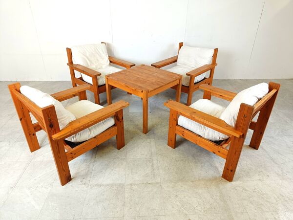 Ensemble de fauteuils vintage en bois de pin, années 1980