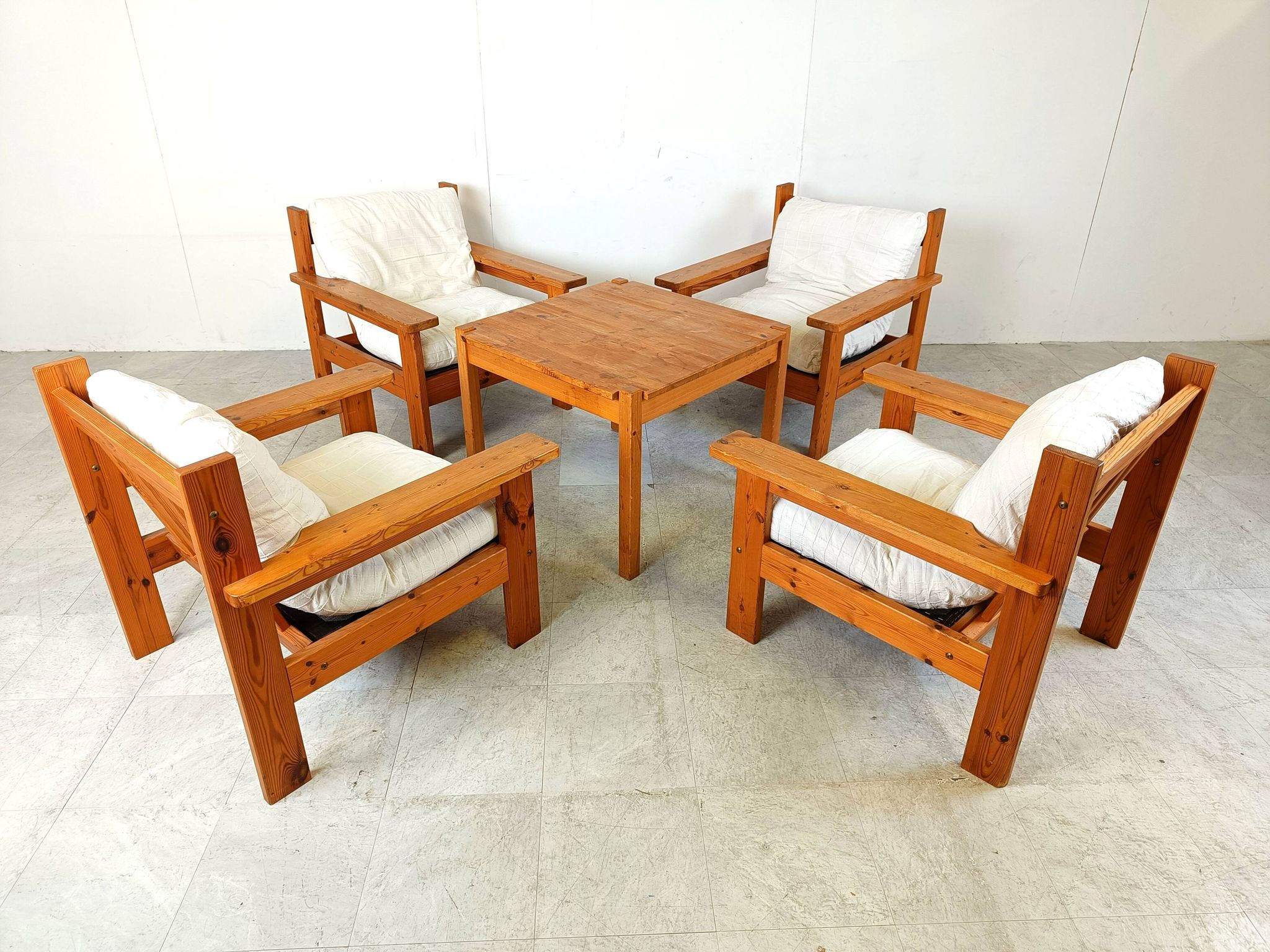 Vintage pine wood armchair set, 1980s