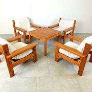 Vintage pine wood armchair set, 1980s