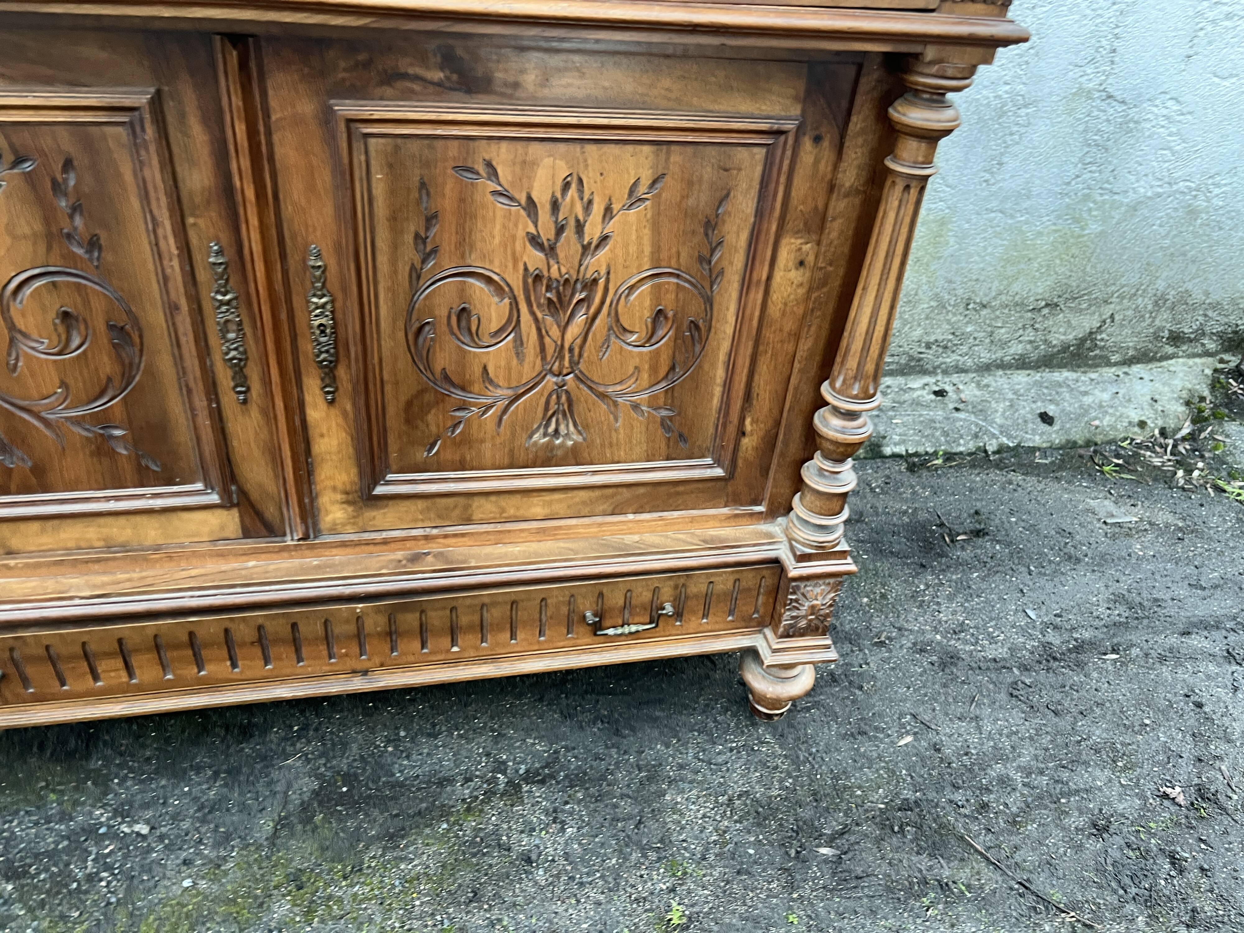 Henri II style low sideboard – carved wood and red marble top