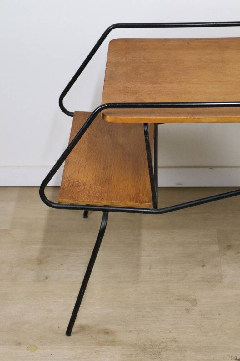 Vintage side coffee table in black lacquered metal and oak, 1950