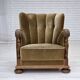 1960s, Danish armchair, green furniture velour, solid carved oak wood.