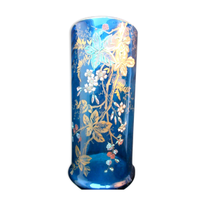 vase verre bleu émaillé de framboises Legras non signé, h: 30 cm, d: 14 cm