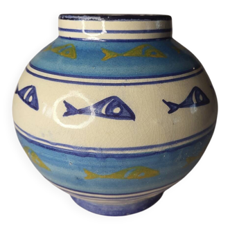 Portuguese Ceramic Vase Decorated with Blue & Gold Fish