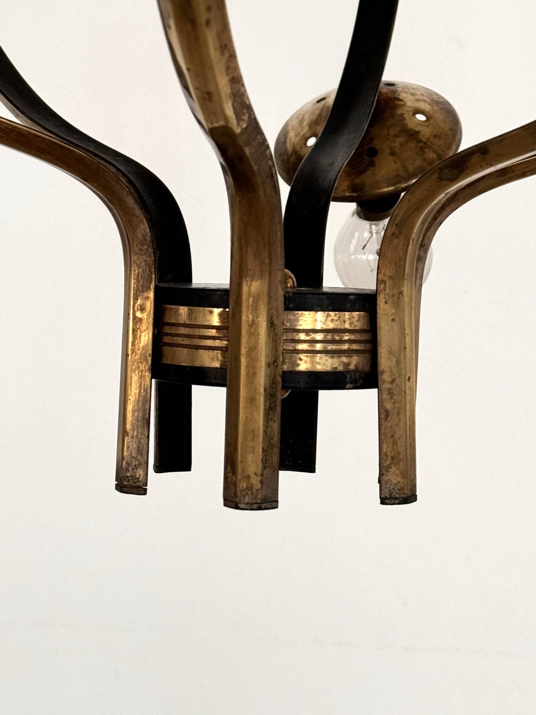 Stilnovo Italian Midcentury Chandelier, Brass & Opaline Glass, 1950s