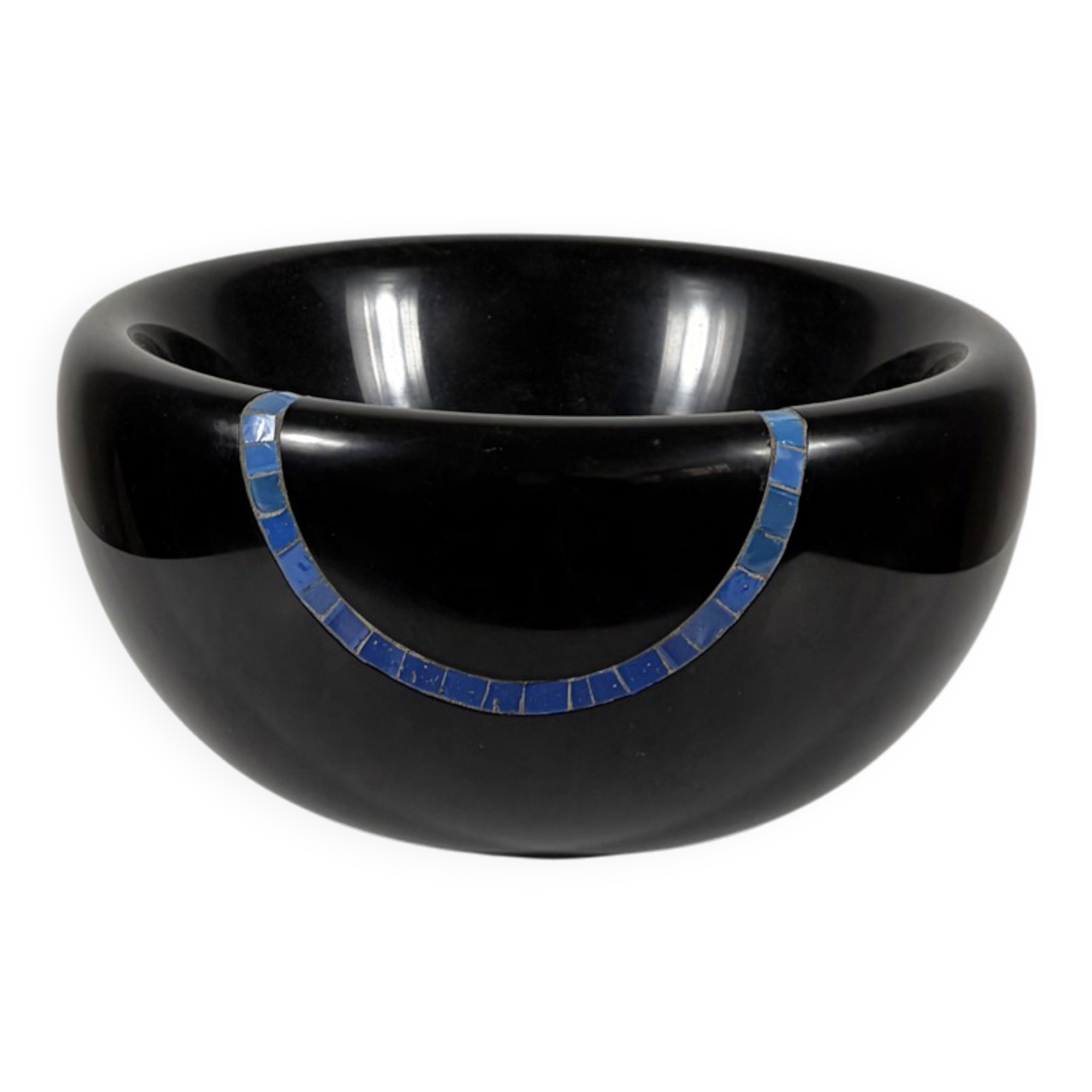 Vase en marbre noir belge avec incrustation de pierre turquoise