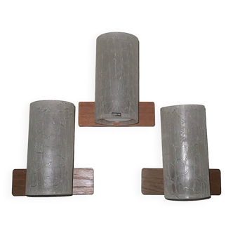 Set of 3 Doria frosted crackled glass and teak wall lights, 1960s
