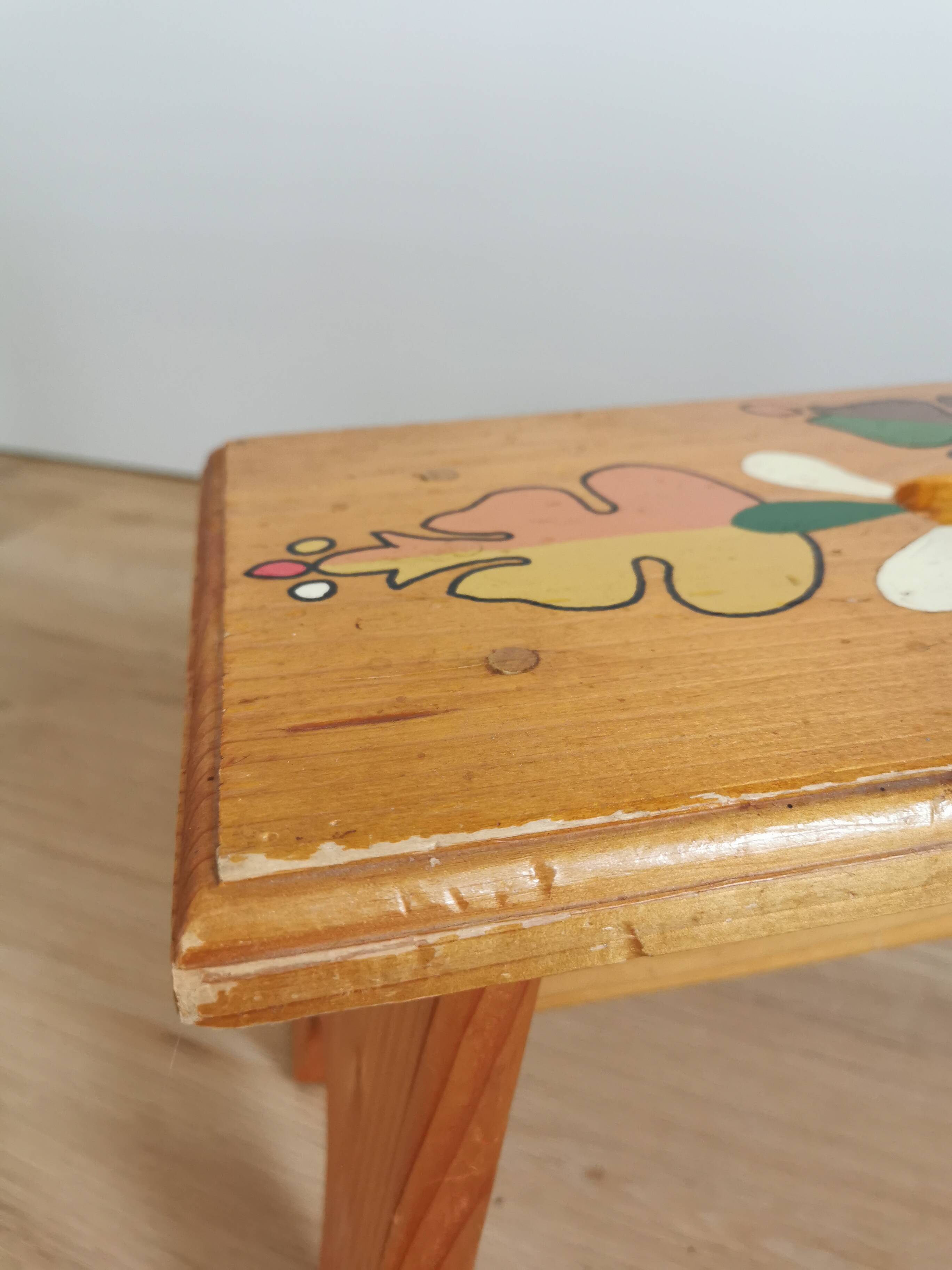 Vintage Hand-Painted Wooden Footstool: Yugoslavian Folk Art Decor