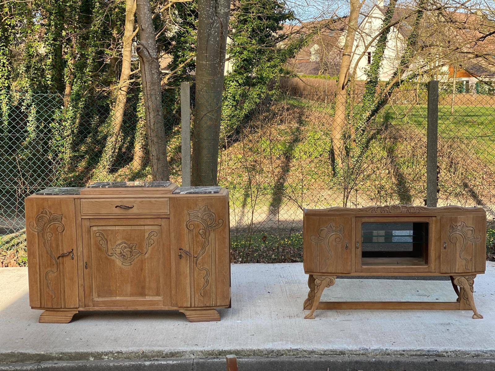 Parisian art deco 2-part buffet renovated in solid oak and marble 1940
