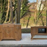 Parisian art deco 2-part buffet renovated in solid oak and marble 1940