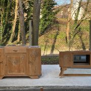 Buffet parisien art déco 2 corps en chêne massif et marbre, 1940, rénové