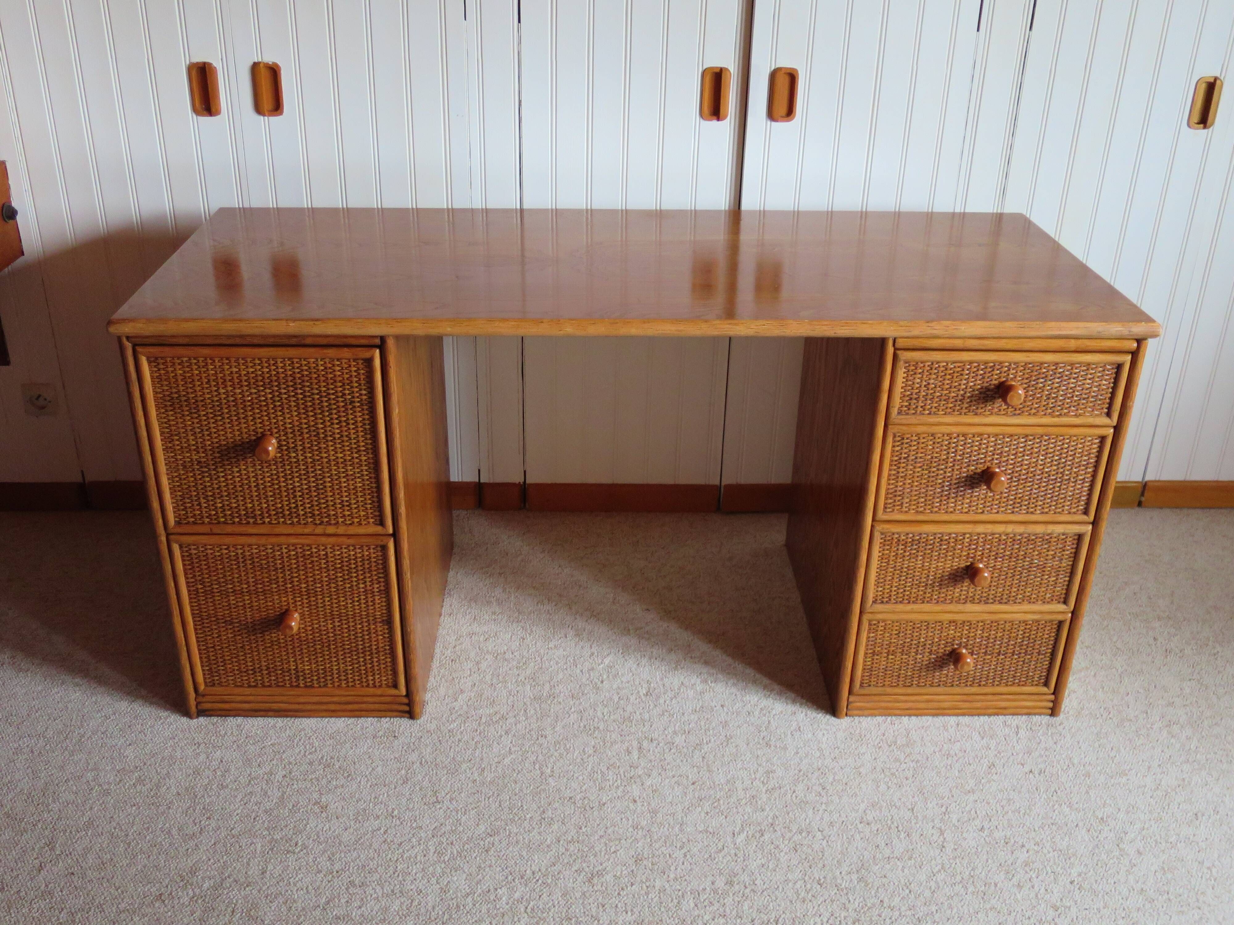 Rare vintage desk Ash and woven rattan - Large top - 6 drawers - Functional desk