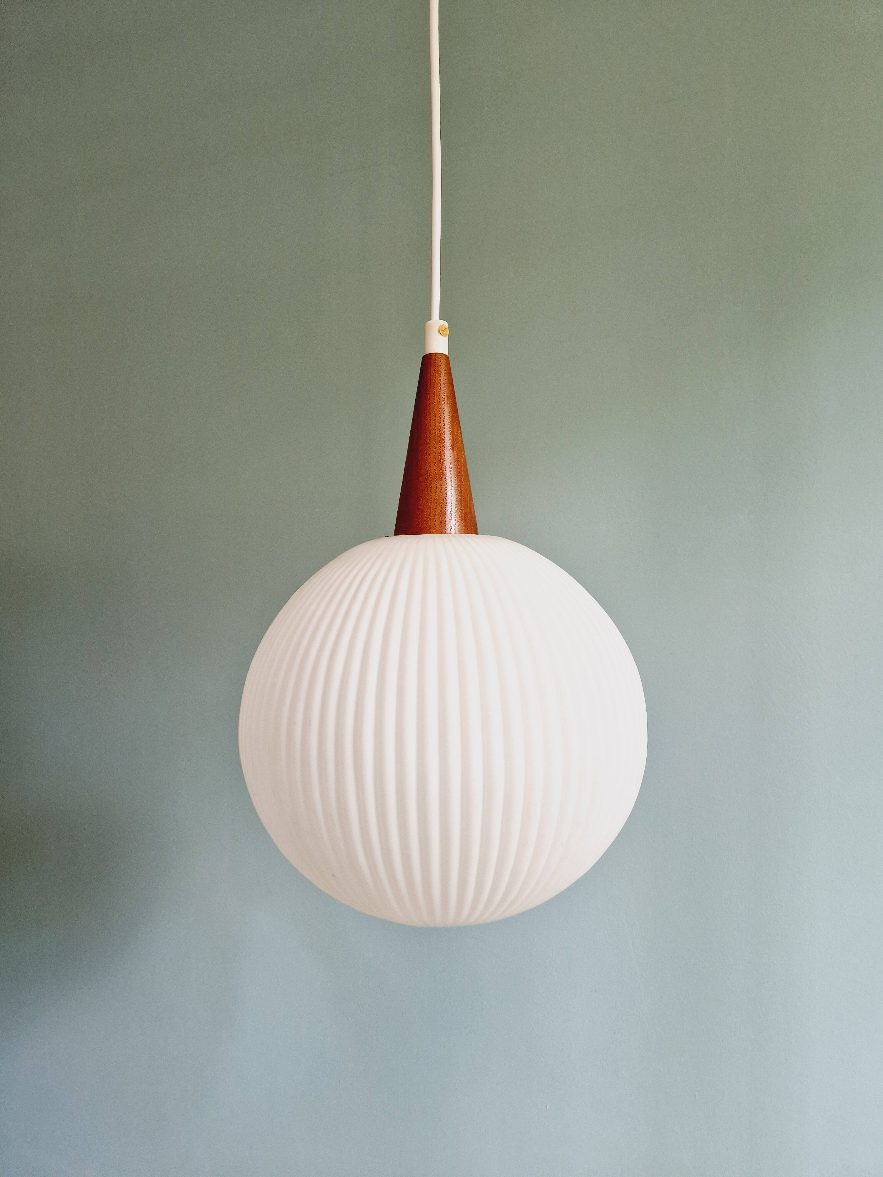 Scandinavian teak and white satin glass pendant light, 1960s