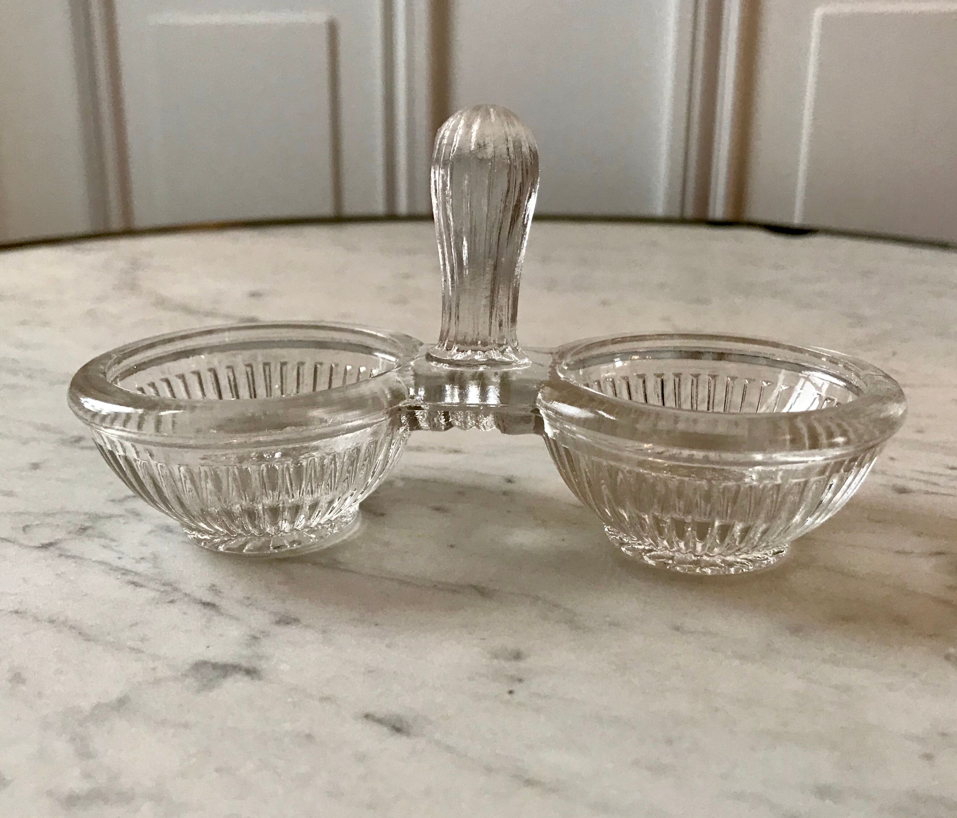 30s moulded glass salt shaker / salt pan