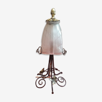 Old wrought iron lamp with its moulded glass tulip art deco Dimension: 37 cm weight height: