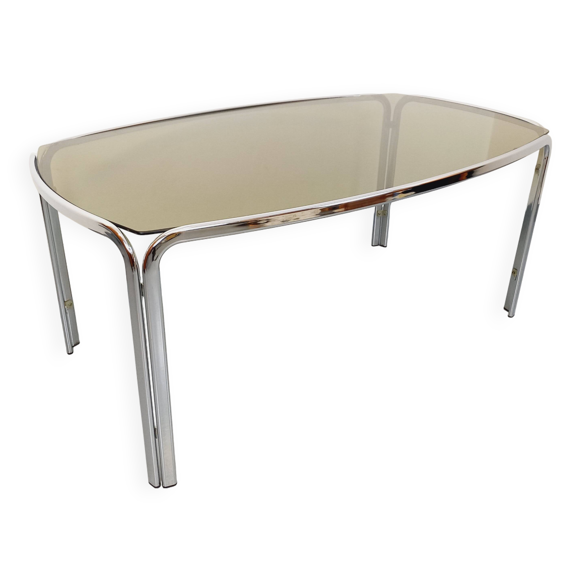 Vintage curved rectangular dining table in smoked glass and chrome metal