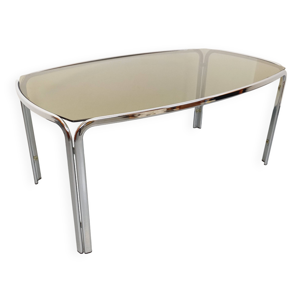 Grande Table Ovale Vintage 70's En Verre Et Acier