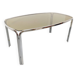 Vintage curved rectangular dining table in smoked glass and chrome metal