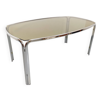 Vintage curved rectangular dining table in smoked glass and chrome metal